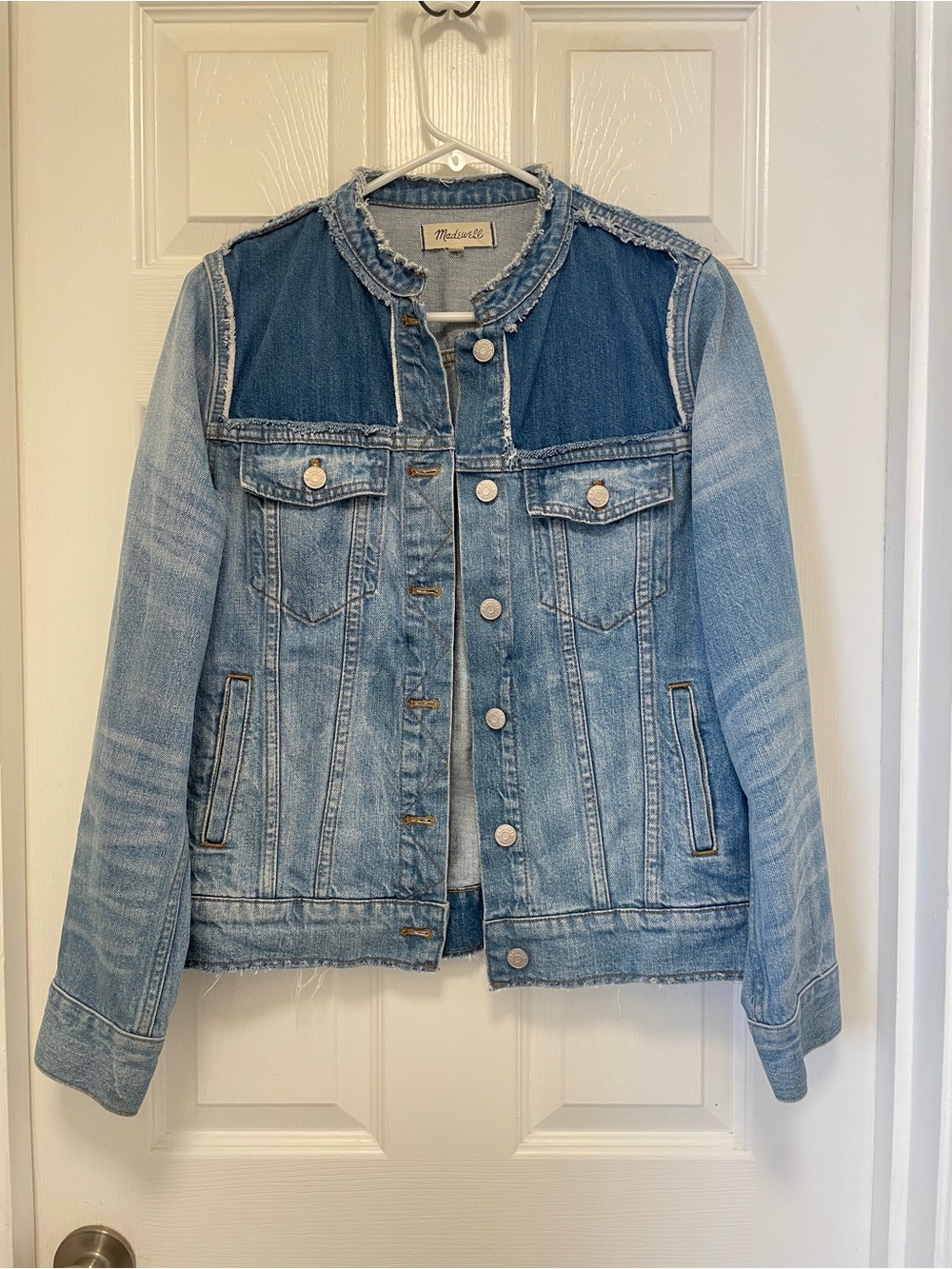 Madewell Two-Tone Light Blue Denim Jean Jacket with Frayed Collar